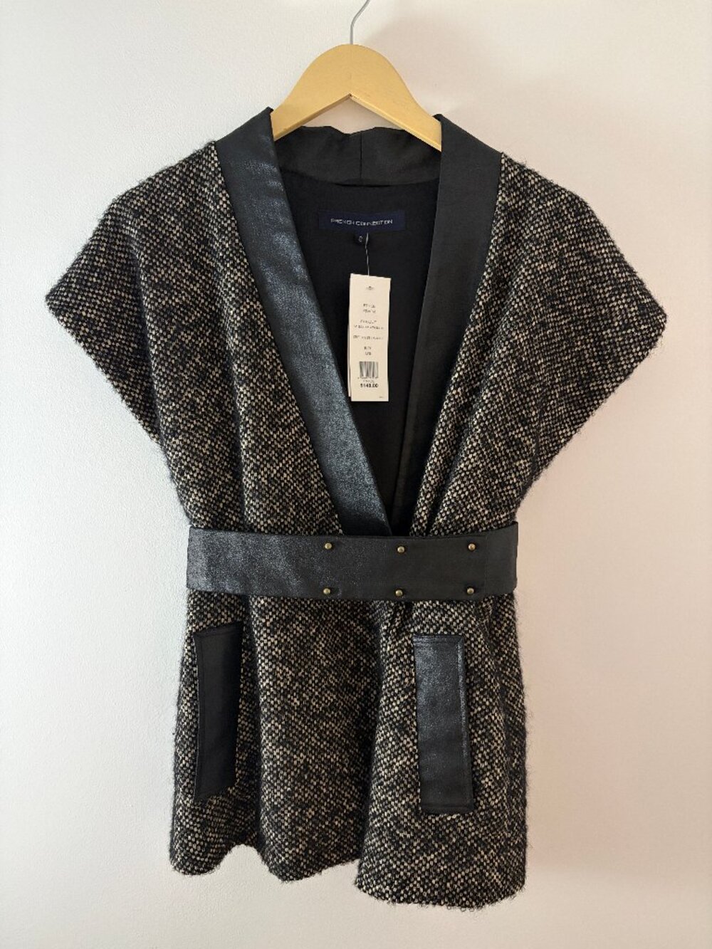French Connection FCUK NWT Alpaca Wool Belted Tweed Vest Cardigan XS 0